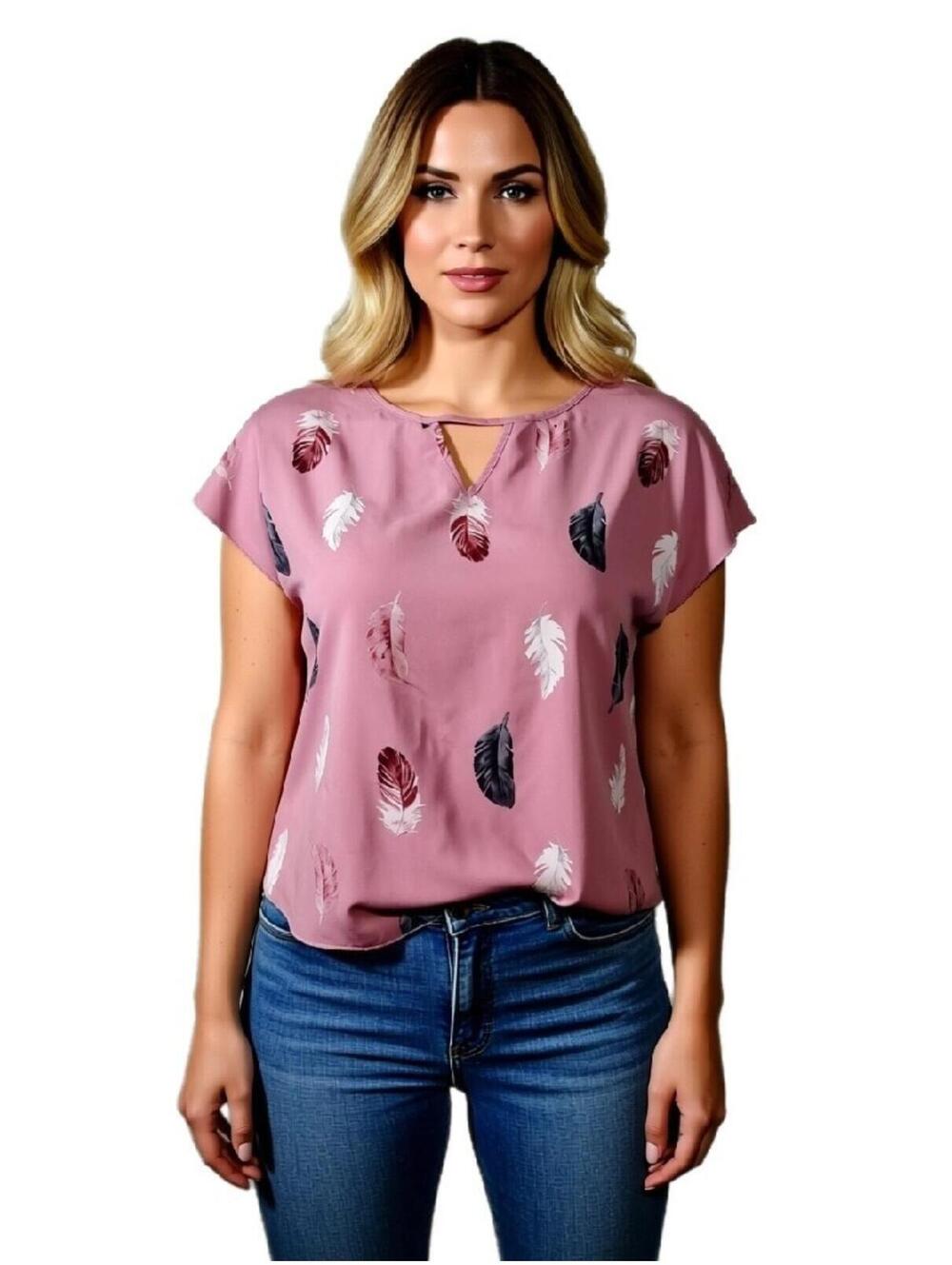 Womens Blouse Dusty Pink Feather print gray Shein notched cut-out neckline